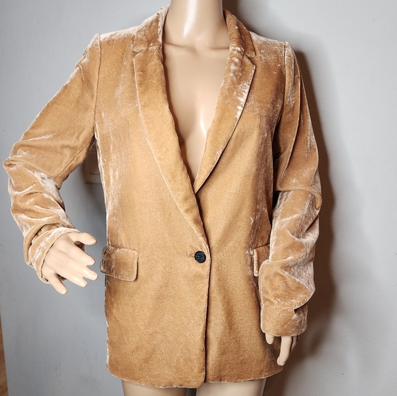 Banana Republic Velvet Warm Carmel Brown Tan Golden Single Button Blazer Size 6 - Picture 13 of 16
